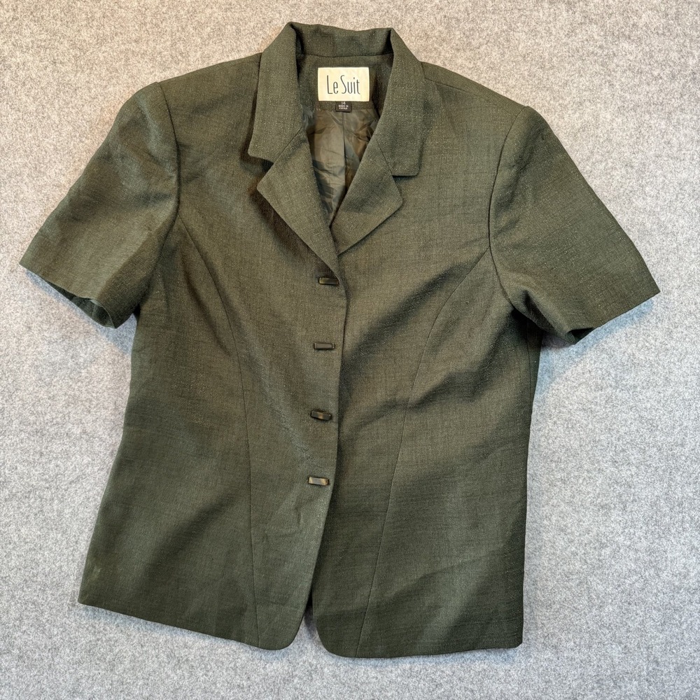 Le Suit Short Sleeve Blazer 14 Olive Green Textured Button Front Professional